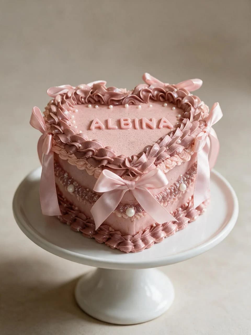 Gâteau rose en forme de cœur avec le prénom Albina et des rubans