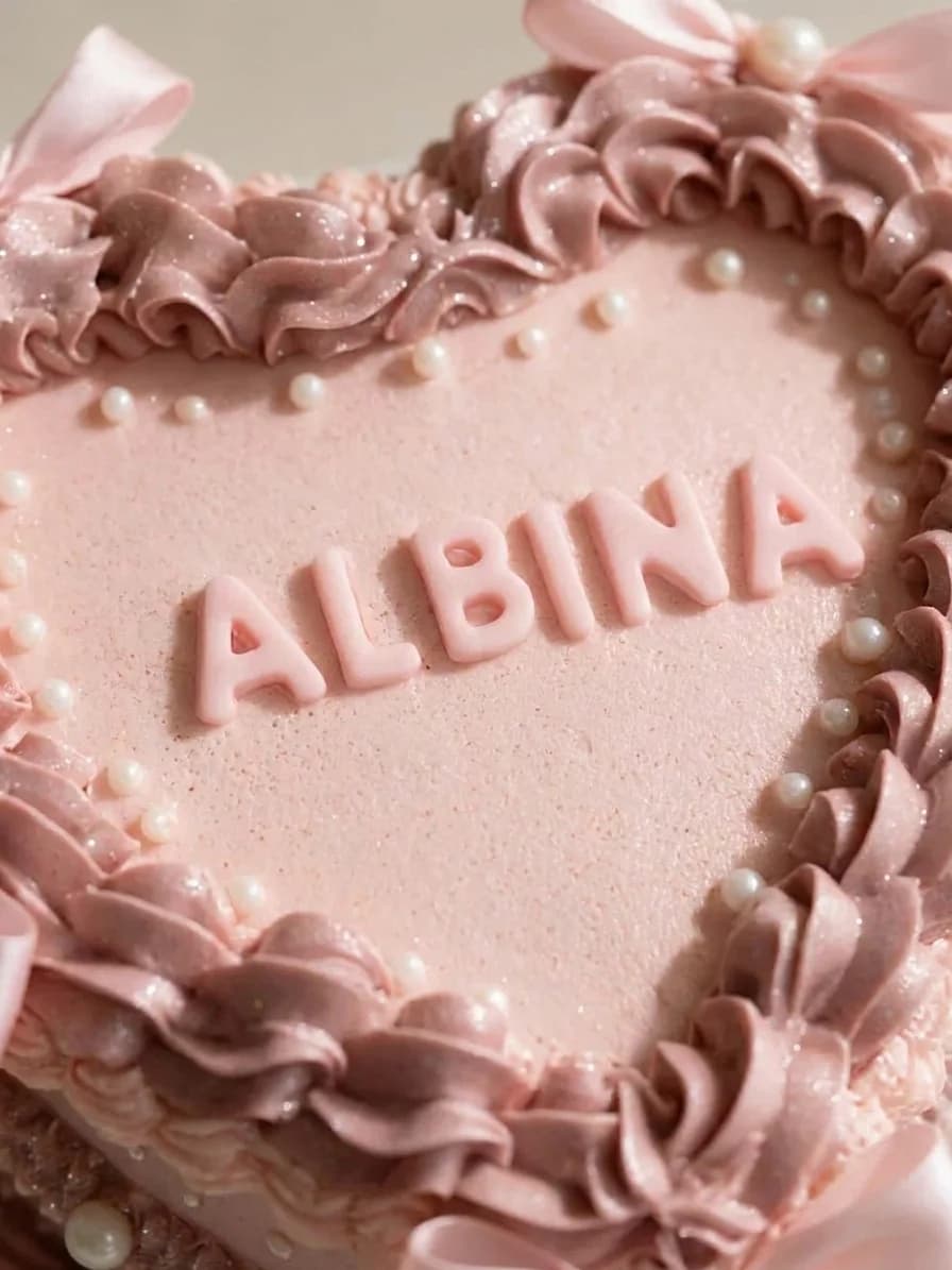 Gros plan du prénom Albina écrit en glaçage sur un gâteau rose