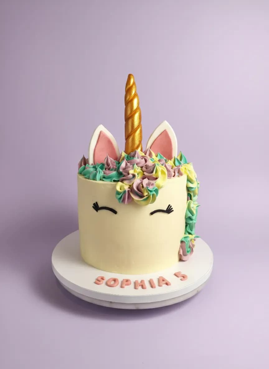 Gâteau d'anniversaire licorne pastel à corne dorée pour les 5 ans de Sophia