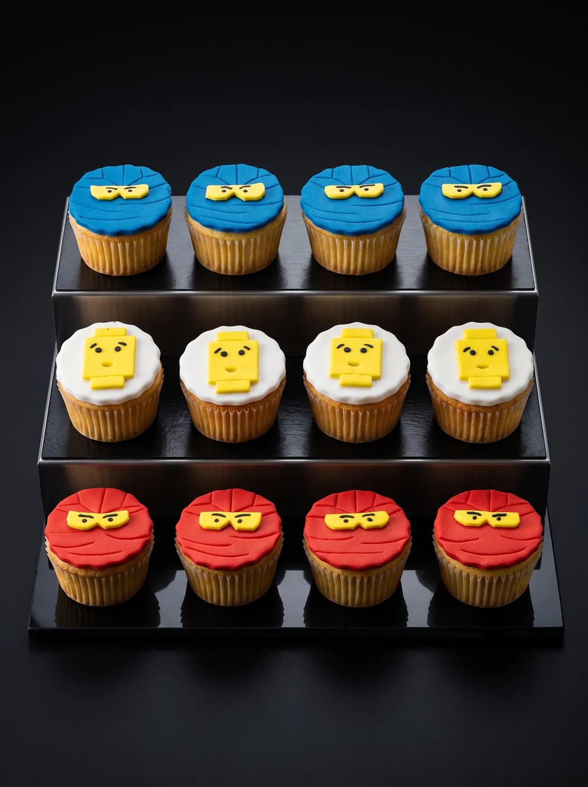 Cupcakes ninjas colorés présentés sur un présentoir pour un goûter d'anniversaire