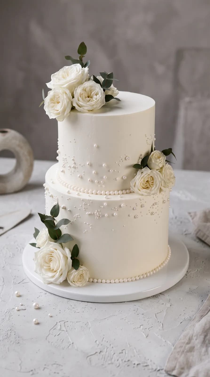 Wedding cake à deux étages blanc, perles de sucre et roses fraîches — création sur mesure Lausanne