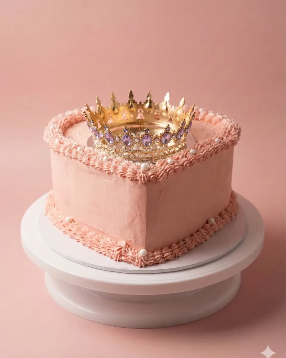 Gâteau cœur rose pastel couronné d'or